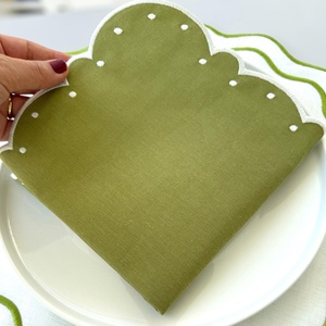 Custom LOGO Embroidered Handmade <b>Cloth</b> Pure Cotton <b>Linen</b> Napkins and Placamat Set 100% <b>Linen</b> Embroidered Scallop Edge - Product Image 2