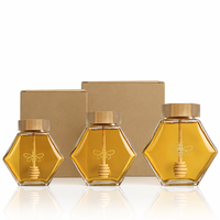 Grosir Stoples Madu Kaca Heksagonal 380ml 100ml 280ml Tutup Sekrup Emas Stoples Madu Kaca Kosong Custom dengan Tutup Kayu dan Kotak