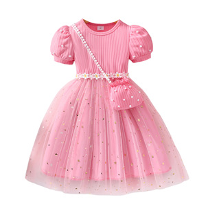 <span class=keywords><strong>Vestito</strong></span> Estivo 2026 per <span class=keywords><strong>Bambina</strong></span> con Maniche a Sbuffo, in Tulle Rosa con Patchwork e Perle, con Borsa, Grazioso Abito Viola - Product Image 1