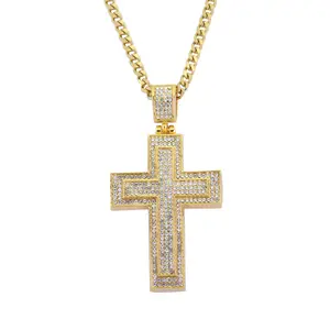 RQ Double Layer Cross Convex Arc Bling Pendant For Men Iced Out Chain Zircon Hip Hop Style Charm Jewelry Cross Necklace