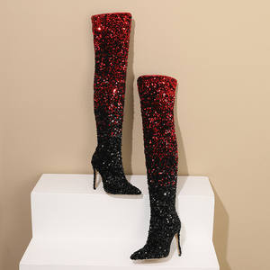 Bottes hautes pour femme, style européen et américain, à paillettes, fermeture éclair, bout pointu, talon fin, talon haut, mode de luxe pour l'hiver, podium - Product Image 3
