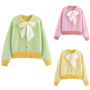 Cardigan pour <span class=keywords><strong>femme</strong></span> de haute qualité, doux, élégant, avec nœud, style académique personnalisé - Product Image 1