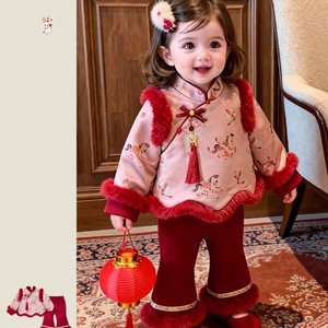 Tongxingyuan Girls New Year Outfit Set Fleece <b>Lined</b> Two Piece Cotton Baby Clothes For Toddlers - Product Image 2