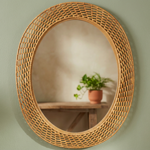 Miroir mural rond en rotin et bois, artisanal, grand format, écologique, léger, couleur miel brun doré, décoration intérieure moderne du milieu du siècle - Product Image 2