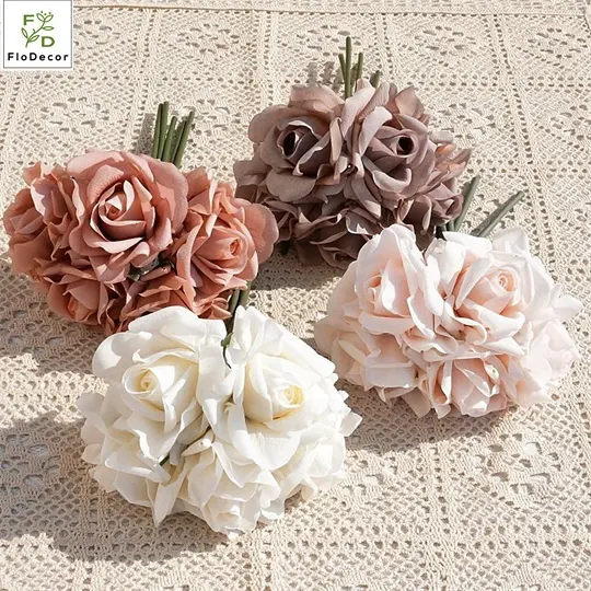 New Arrival Morandi Artificial 5 Heads Rose Flowers Bouquet Real Touch Latex Coated Wedding Table Party Birthday Decoration