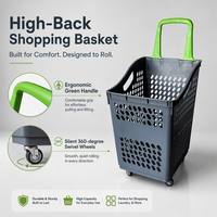 Panier de courses à roulettes renforcé de 60 L avec poignée longue, en plastique durable, pour les centres commerciaux