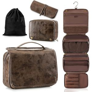 Hanging <b>Toiletry</b> <b>Bag</b> <b>for</b> <b>Men</b> PU Leather Water Resistant Travel Dopp Kit Shaving Wash <b>Bag</b> Multi Compartment Organizer - Product Image 1