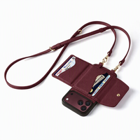 Étui portefeuille personnalisé en cuir pleine fleur bordeaux avec rabat et bandoulière pour iPhone 17 18 Pro Max Duo