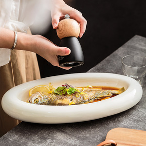 Grande assiette ovale en céramique blanche épaissie, plat profond en porcelaine pour fruits <span class=keywords><strong>de</strong></span> mer, idéal pour la cuisson à la vapeur du poisson entier, mariage, écologique - Product Image 3