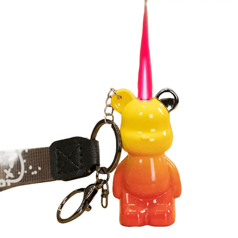 AP Lighter gantungan kunci kepribadian gantungan kunci obor tahan angin warna-warni pola kartun beruang pemantik api
