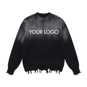 Pull-over tricoté à col rond personnalisé avec logo jacquard, manches longues, style vintage délavé, pour hommes, vente en gros - Product Image 3