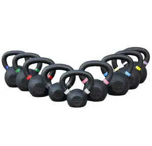 Kettelbell de hierro fundido con recubrimiento en polvo SMARTFIT con asas anchas para entrenamiento físico con anillos de colores