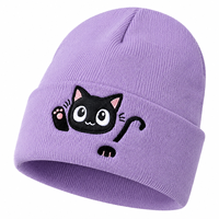 Bonnet en tricot brodé chat noir mignon, bonnet d'hiver unisexe à revers, doux et chaud, cadeau pour les amoureux des chats