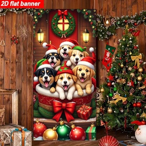Pancarta Navideña para Puerta de 5.9*2.9 pies, Poliéster, Lindos Cachorros en Cesta, Decoración Navideña con Temática Canina, Cubierta para Puerta Principal para Decoración del Hogar - Product Image 2