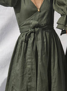 Di modo A Vita Alta Profondo Scollo A V Mezza Manica Bendato Delle Donne Vestito <span class=keywords><strong>Lungo</strong></span> di Lino - Product Image 4