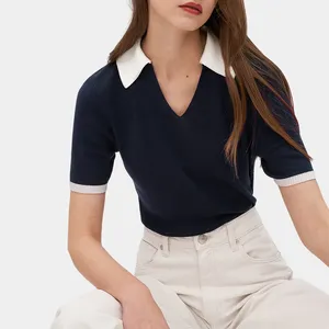 Của Phụ Nữ V Cổ T-Shirt Tự Nhiên Màu Đen Với Trắng Cổ Áo Cashmere Lụa Knit Polo T Áo Sơ Mi