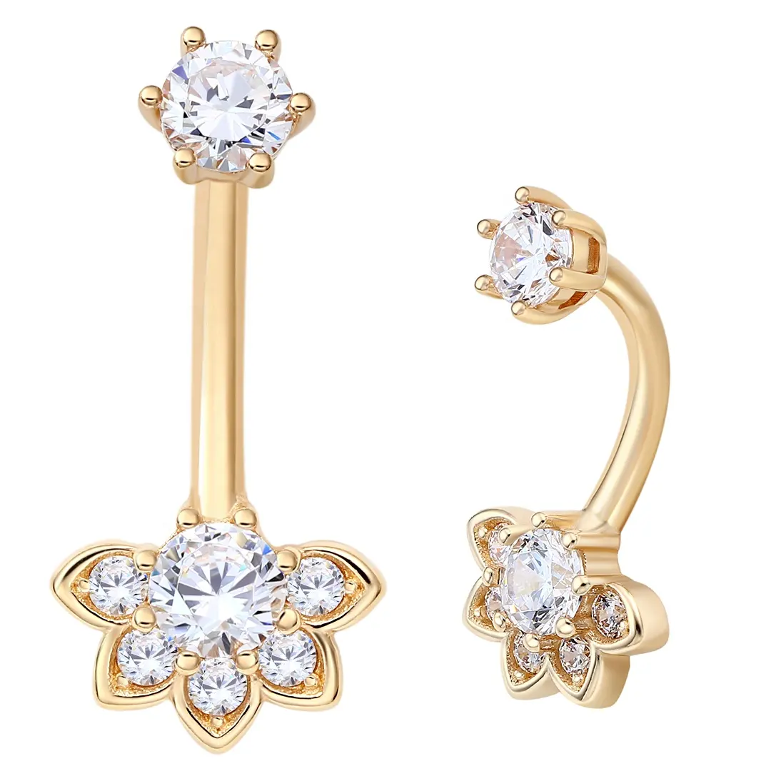 Métal éternel 14K or massif anneaux de nombril filetés à l'intérieur 5A Zircon clair corps Piercing bijoux en gros