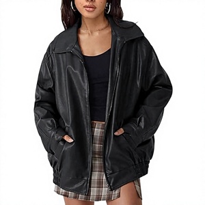 Chaqueta de cuero sintético oversize para mujer, estilo motociclista, casual, con cremallera, manga larga, cuello alto, ropa de calle de invierno, superventas - Product Image 1