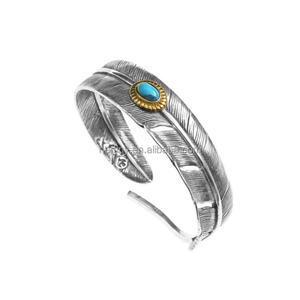 Brazalete de Plata de Ley 925 Estilo Vintage, piedra turquesa, sonrisa, cara, hoja - Product Image 1