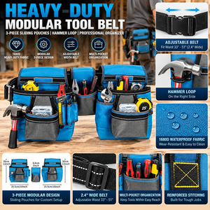 Ceinture à outils modulaire robuste 1680D, 3 pochettes coulissantes avec boucle pour marteau, organisateur professionnel pour charpentiers et menuisiers - Product Image 1