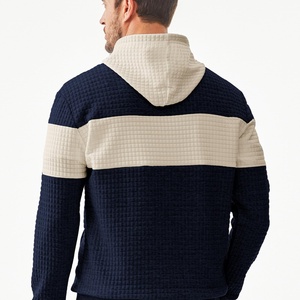 Casual <b>Waffle</b> Knit Pullover Hooded Sweatshirt Long Sleeve with Lightweight Drawstring Color <b>Block</b> and Embroidered Kanga Pocket - Product Image 5