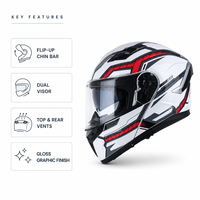 Casque de moto modulaire relevable à double visière (transparente et anti-soleil) avec graphismes blanc brillant, rouge et noir, mentonnière et aérations supérieures et arrière, pour adulte