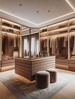 Système de dressing modulable autoportant minimaliste sur mesure avec îlot de rangement et éclairage LED, rangement multi-zones pour appartement et chambre