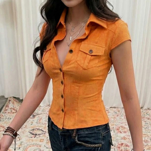 Camisa Vintage Y2K de Estilo Urbano para Mujer, Corte Ajustado, Bolsillos Tipo Cargo, Cuello Solapa, Denim de Algodón, Botones, Ecológica y Transpirable - Product Image 4