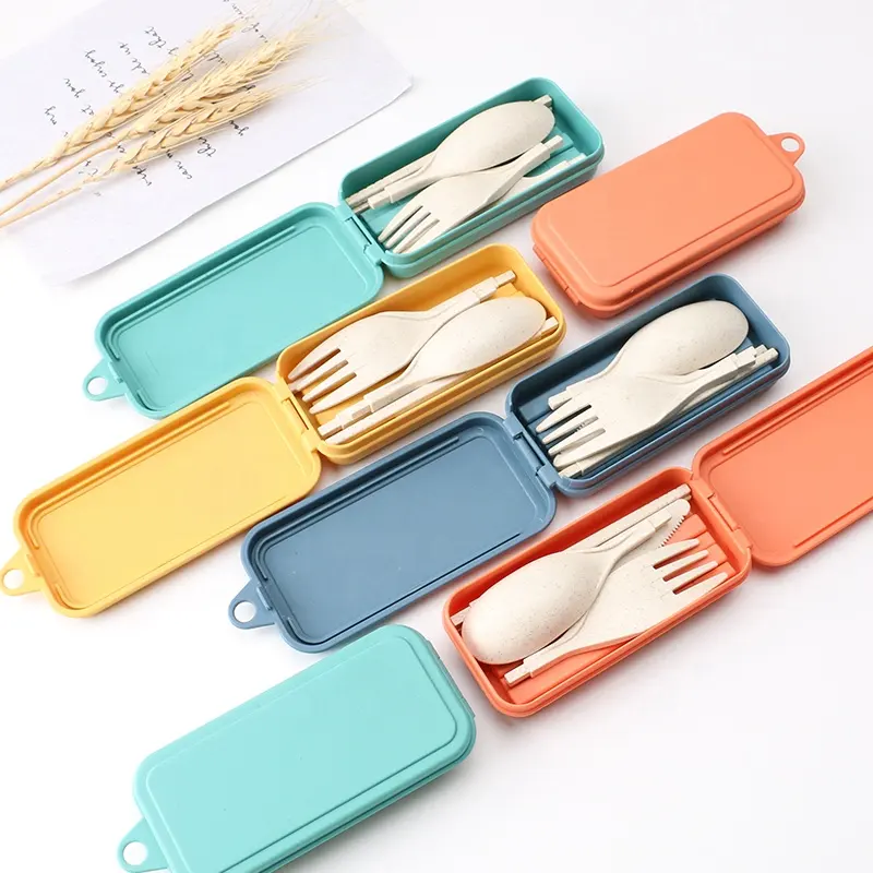 Hot sale Wheat Straw Folding Portable Cutlery Storage Box Gift Set Cutlery Knife Fork Spoon Chopsticks three-piece set