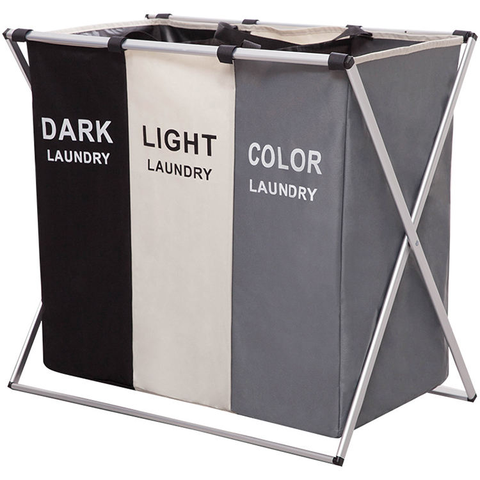 Wholesales Custom Logo 3 Section Compartments Laundry Organization Storage Foldable Dirty Clothes Laundry Basket Hamper