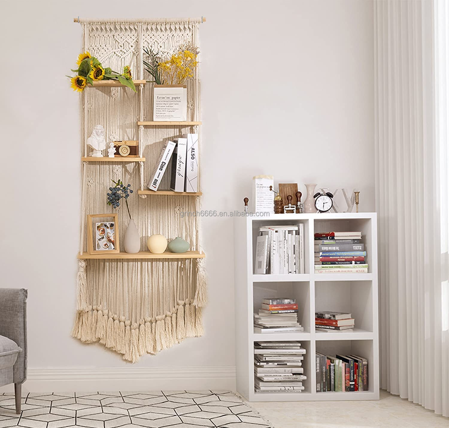 Étagère Murale Bohème SOSINYA - Macramé Et Bois Avec Guirlande LED - Déco Salon/Chambre