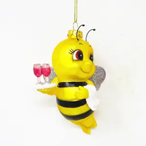 Wholesale vintage glass christmas ornaments cute elf bee pendant with double wine glasses