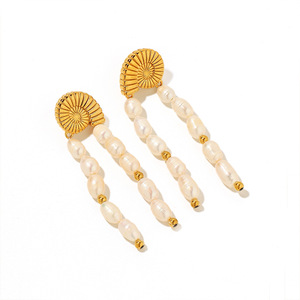 Pearl <b>Tassel</b> Drop <b>Earrings</b> Gold Plated Stainless Steel Ocean Style Party Jewelry - Product Image 5