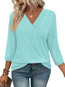 <span class=keywords><strong>Camiseta</strong></span> de punto de algodón transpirable con mangas de 7 puntos y cuello en V informal a la moda para <span class=keywords><strong>mujer</strong></span>, talla XL, patrón Simple para primavera - Product Image 2