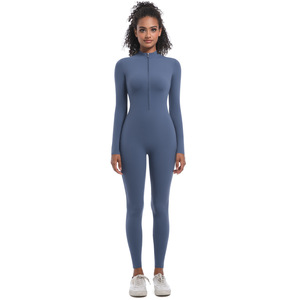 Combinaison pour <span class=keywords><strong>femme</strong></span>, nouvelle collection, demi-zip, couleur unie, manches longues, extensible, slim, fitness, yoga, course à pied, une pièce - Product Image 1