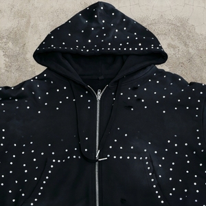 Sudadera con capucha para hombre de algodón rasgado con pedrería personalizada, con cremallera, estilo vintage desgastado y lavado ácido - Product Image 3