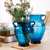 Vase de table en verre bleu floral nordique moderne et créatif, de luxe, à deux poignées, pour la décoration intérieure, les mariages, les fêtes, le bureau, petit vase hydroponique