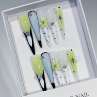 Tacana 10 pièces – Faux ongles de luxe à presser, style français, amande, motif floral européen, vert frais, sculptés, haute qualité, couverture complète