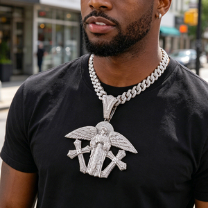 Collana Trendy Hip Hop con Grande Ciondolo a Croce d'Angelo <span class=keywords><strong>in</strong></span> Ottone Placcato <span class=keywords><strong>Argento</strong></span> con Ali e Zirconi 5A Iced Out, con Catena Tennis - Product Image 2