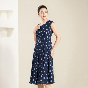 <span class=keywords><strong>Robe</strong></span> midi trapèze décontractée bleu <span class=keywords><strong>marine</strong></span> à pois pour femme, sans manches, taille naturelle, en tissu tissé, imprimé numérique, avec fermetures éclair - Product Image 2