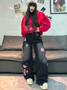 Jean déchiré pour <span class=keywords><strong>femme</strong></span> style urbain avec broderie Sakura, extensible, délavé, coupe droite, en denim, <span class=keywords><strong>pantalon</strong></span> baggy pour <span class=keywords><strong>femme</strong></span> - Product Image 3