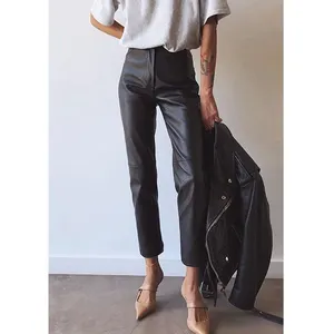 L234 חדש 2022 גבירותיי שחור עור מפוצל מכנסיים אופנה גבוהה מותן נשים ישר מכנסיים