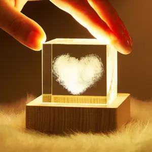 Custom Crystal 3d LED 50MM Engraving Ball Carved Crystals Cube With Lamp Base Wooden Night Light