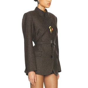 <span class=keywords><strong>Chaqueta</strong></span> a cuadros con cuello en V de manga larga personalizada de alta calidad, <span class=keywords><strong>chaqueta</strong></span> con cinturón y hombros anchos cruzados, <span class=keywords><strong>chaqueta</strong></span> de <span class=keywords><strong>mujer</strong></span> marrón de algodón y poliéster - Product Image 2