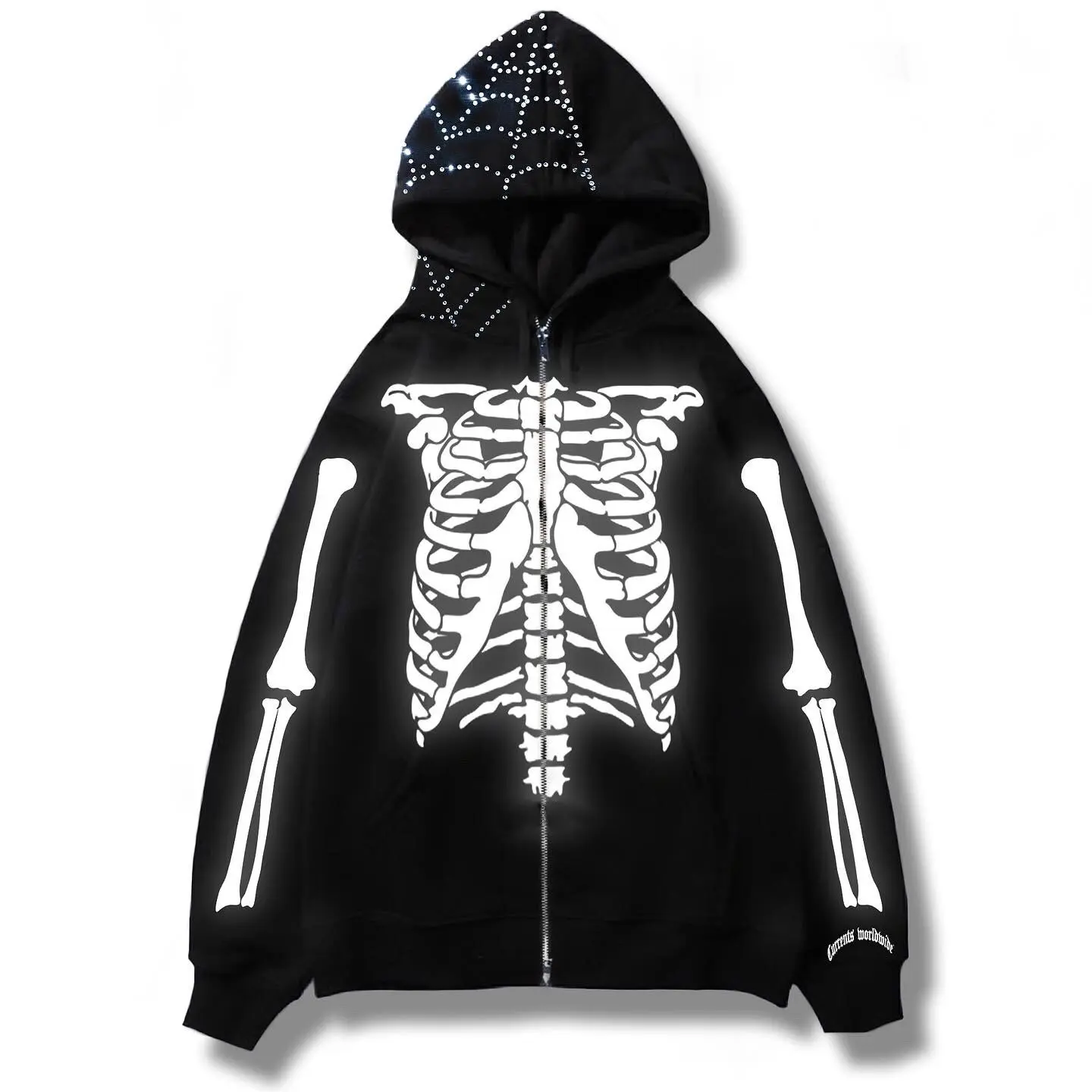 Custom Full Face Zip Up Hoodies y2k Rhinestone Sequin Reflective Pullover Streetwear Heavy Cotton Black Zipper Men Hoodie