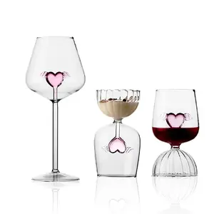 Bán buôn thời trang sang trọng chì miễn phí màu hồng hình trái tim cô gái Glass Red Wine goblets