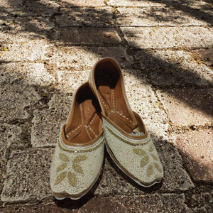 Pearl Embroidered <b>Leather</b> Juttis Women Traditional Flat Walking <b>Shoes</b> Round Toe <b>Slip</b> <b>on</b> Ethnic Casual Footwear - Product Image 3