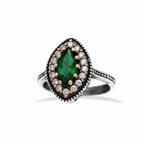 Marquise Cut <b>Emerald</b> Gemstone with Zircon Stone Wholesale Turkish Handcrafted Authentic 925 <b>Silver</b> Sterling <b>Ring</b> - Product Image 2