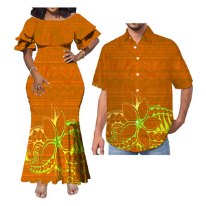 Vente en gros directe robe hawaïenne en queue de poisson à col style tropical pour hommes tenue de couple de grande taille tissu en mousseline de soie lavable - Product Image 4