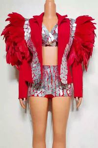 Conjuntos de Bikini de Spandex/Poliéster con Lente Reflectante y Diseño de Concha de Pájaro en Relieve, Abrigo con Plumas Divididas, para Danza del Vientre Gogo y Actuaciones DS - Product Image 6